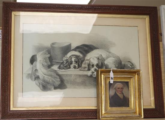 English School circa 1800, oil on panel, miniature portrait of a gentleman and a charcoal sketch after Landseer 11 x 9cm